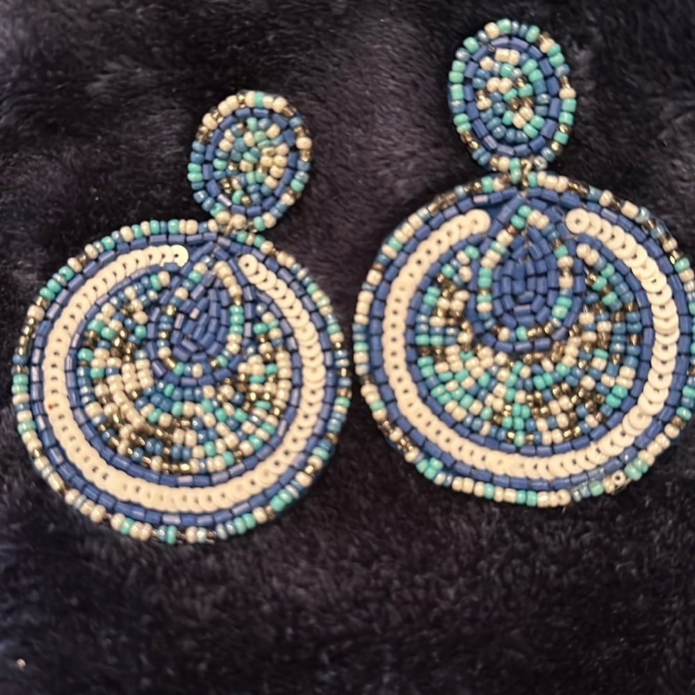 Blue, white, and turquoise earrings. Beautiful beading!